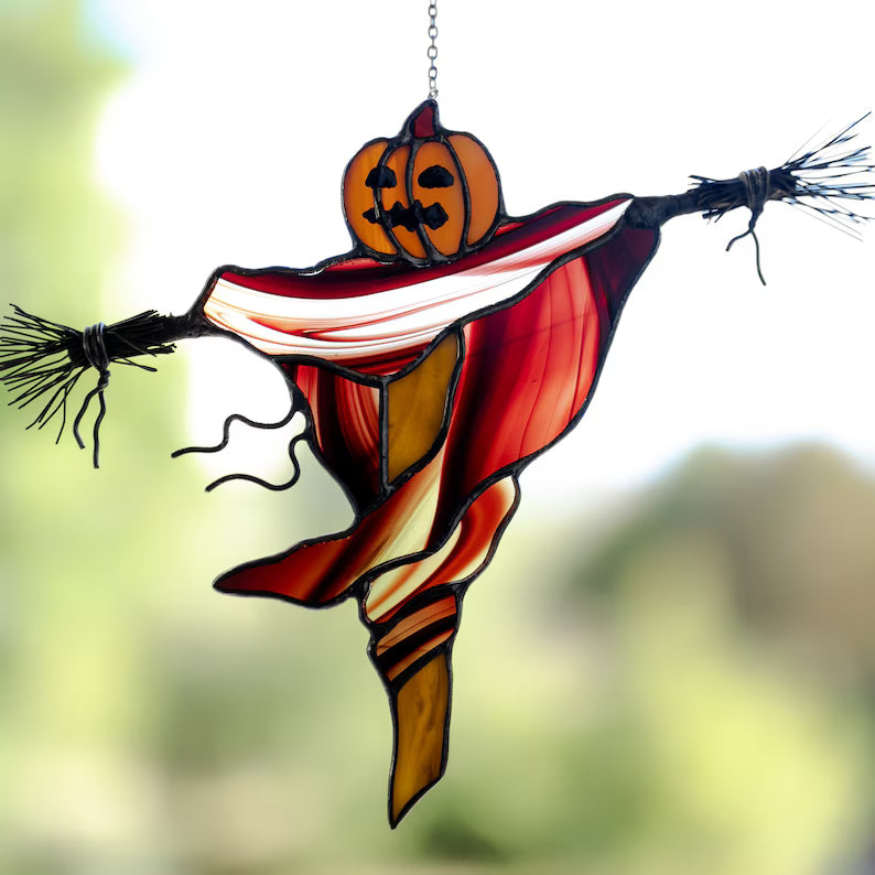 Halloween Scarecrow Pumpkin Stained Glass Decor 🎃