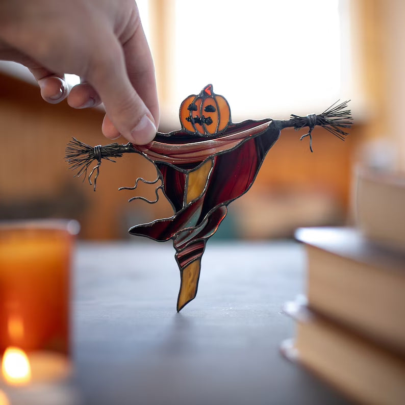 Halloween Scarecrow Pumpkin Stained Glass Decor 🎃